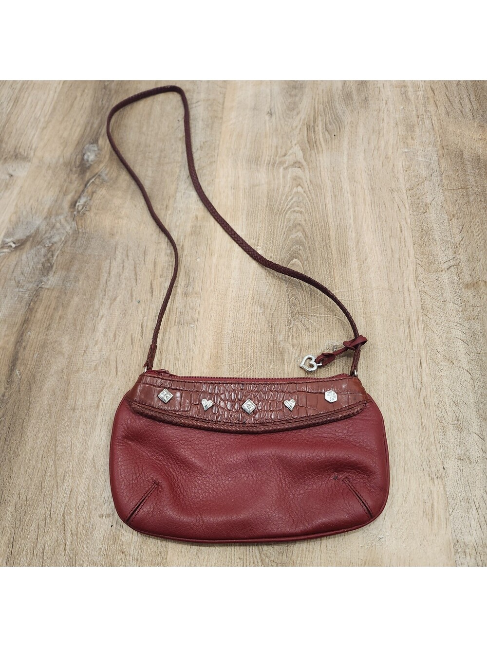 BRIGHTON Red Pebbled Leather Vtg Shoulder Bag Croc Embossed Trim Braided Strap